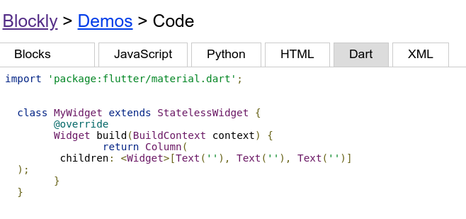 The generated code for a StatelessWidget with a Column of Text widgets