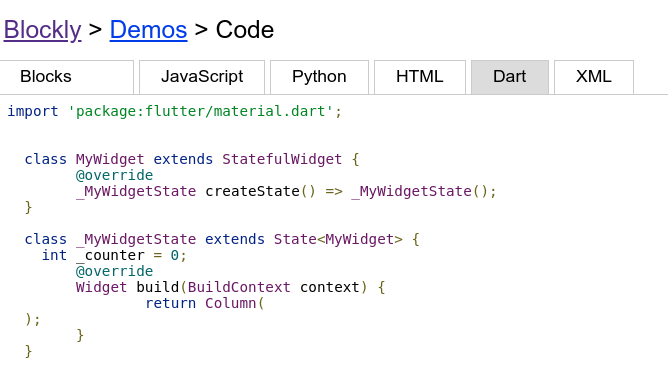 The code generated from StatefulWidget and raw code blocks