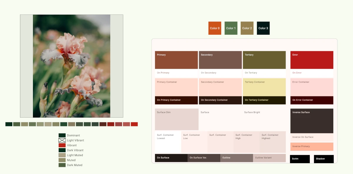 Side by side of palette_generator and material_color_utilities where palette_generator is missing colors