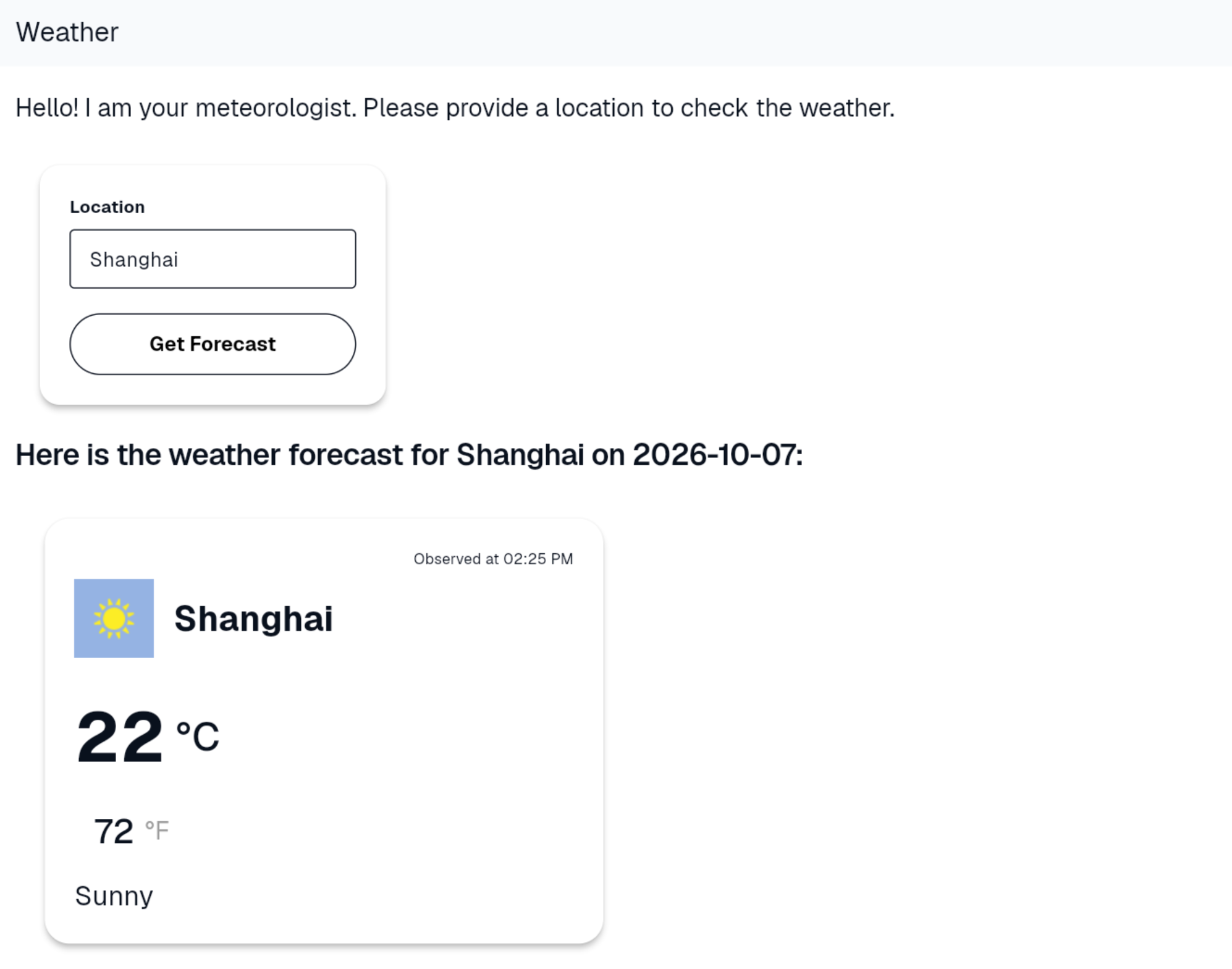 An A2UI widget showing sample weather