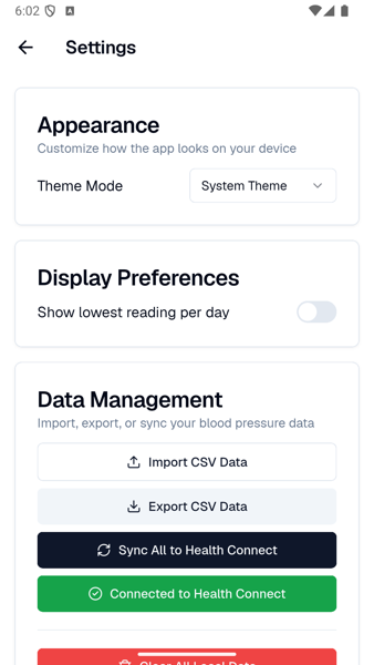 Health Connect demo app settings screen